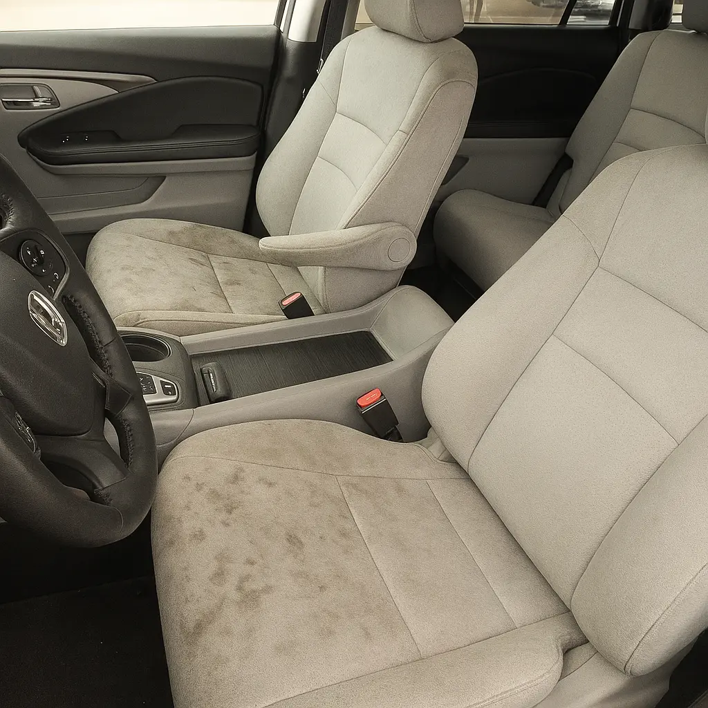 Interior car detailing transformation of a 2021 Honda Pilot with beige cloth seats in Warminster, PA—before and after professional cleaning by PA Dent Repair, showcasing expert stain removal and showroom-level results across Bucks County