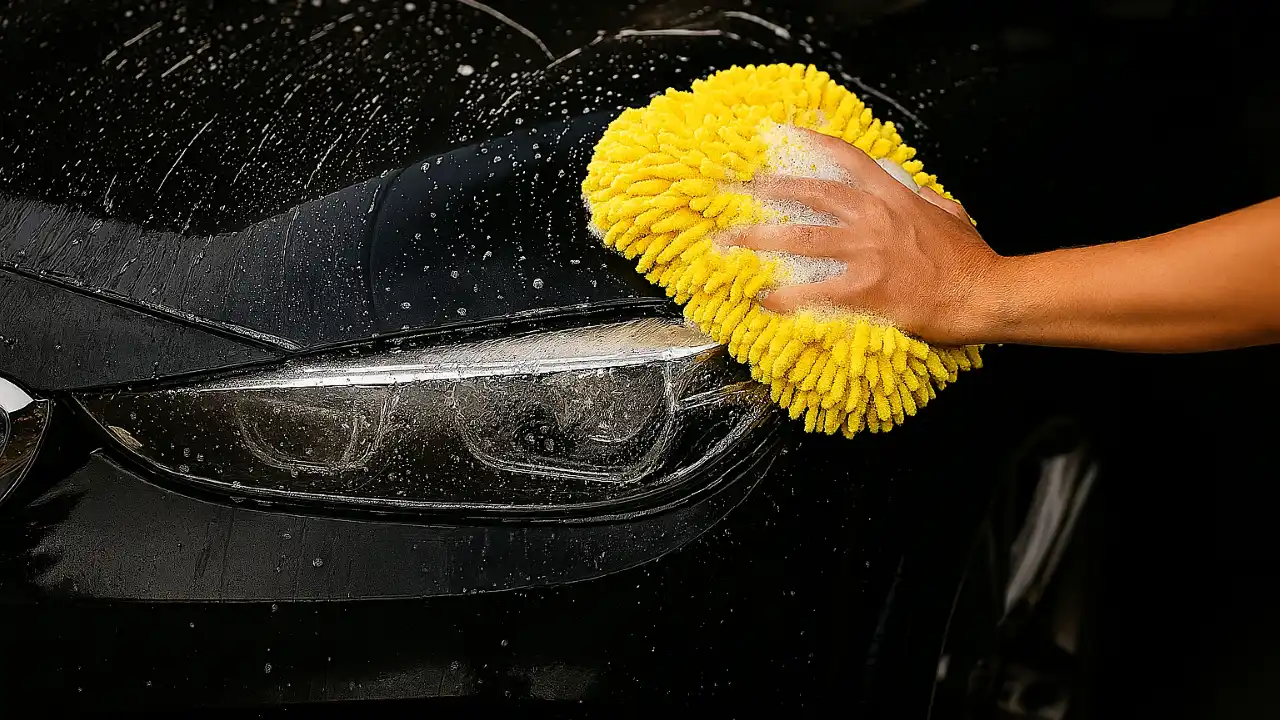 Hand washing a ceramic coated car with a yellow mitt — ceramic coating maintenance