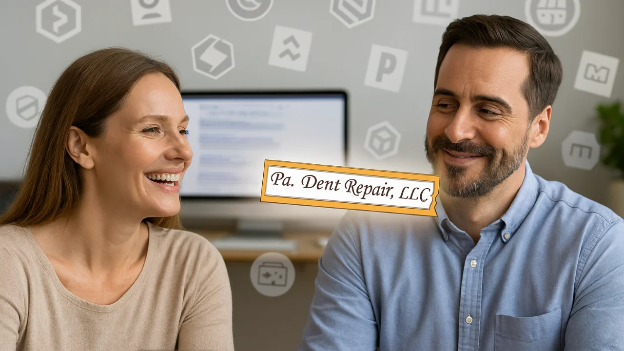 Couple choosing Pa. Dent Repair, LLC from search results surrounded by grey competitor logos