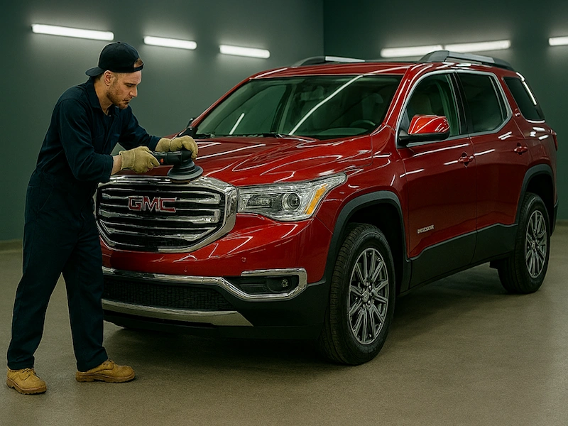 Auto detailing technician polishing the exterior of a luxury vehicle in Warminster, Pennsylvania