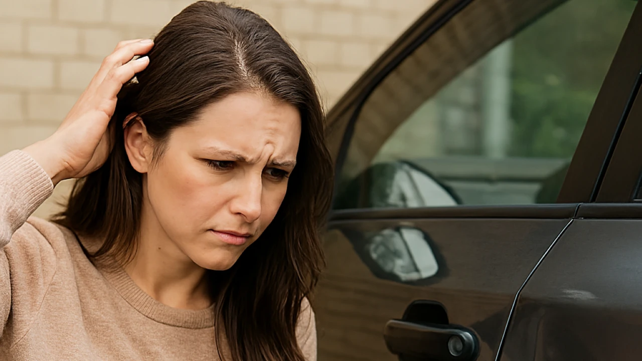 Confused female customer inspecting a dent suitable for paintless dent repair, illustrating common PDR misconceptions and repair myths