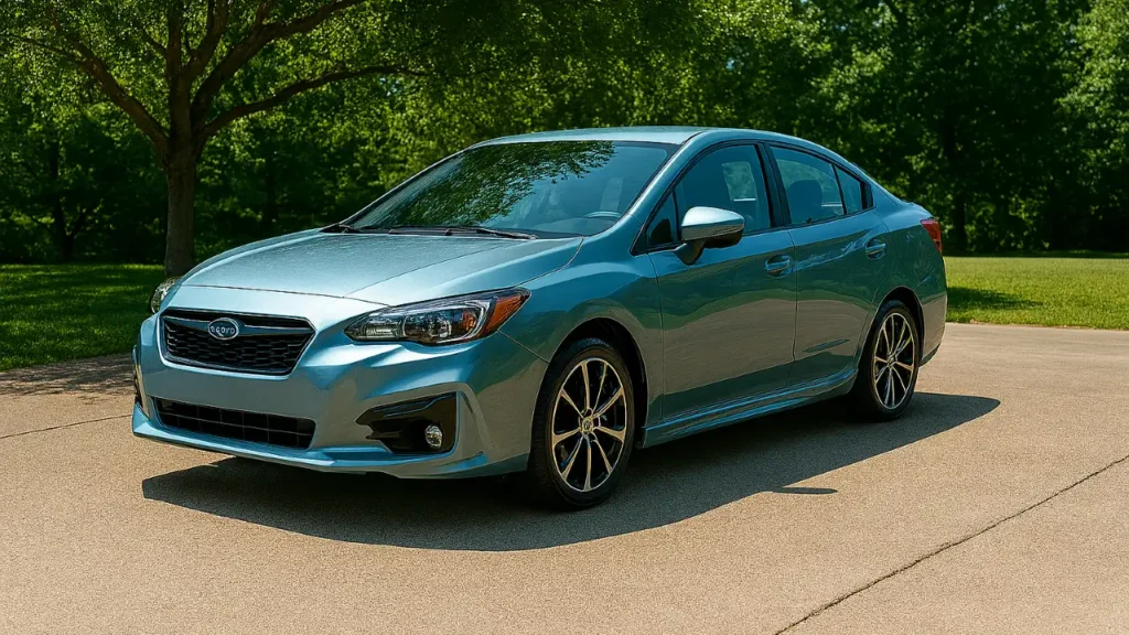 Light blue Subaru sedan parked under a tree with ultra-reflective paint, polished rims, and clean glass — full car detail example