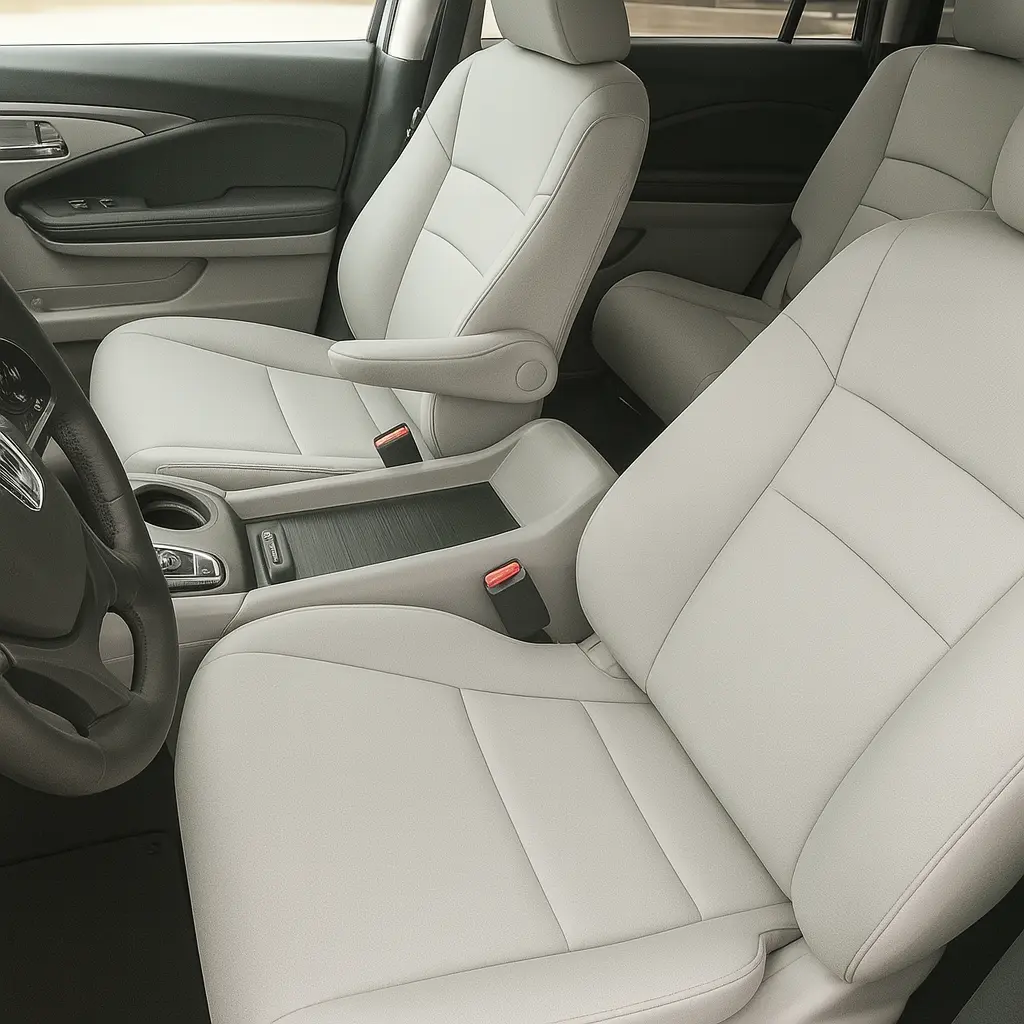 Clean interior of a 2021 Honda Pilot with light gray cloth seats, professionally detailed in Warminster, PA by PA Dent Repair—showcasing expert upholstery cleaning and showroom-level results for Bucks County drivers