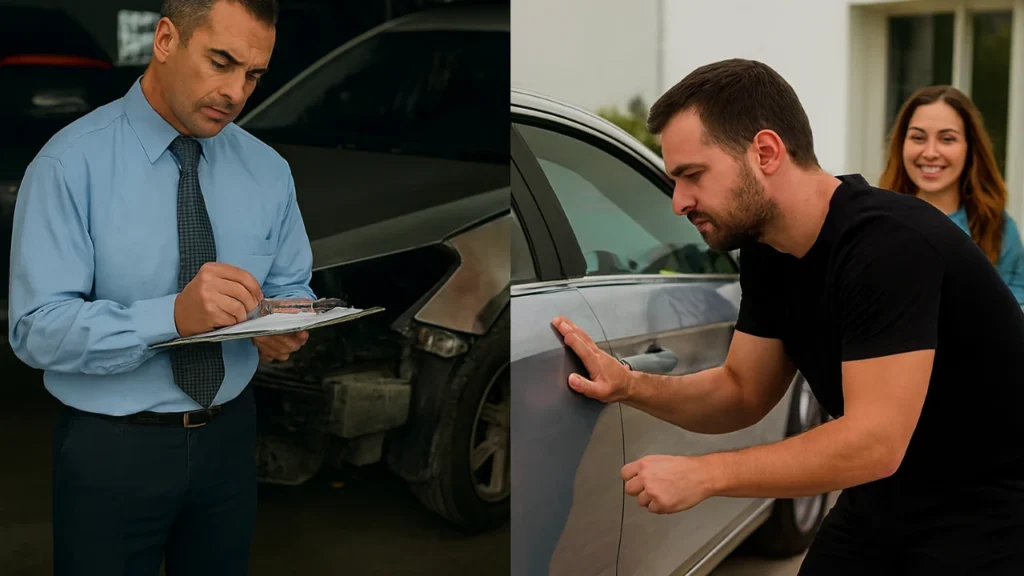 Insurance adjuster inspecting a damaged car (left) and PDR technician examining a dent with a customer nearby (right).