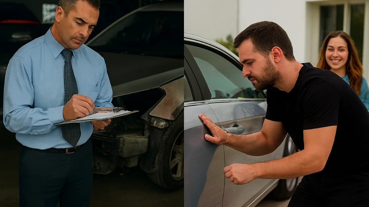 Insurance adjuster inspecting a damaged car (left) and PDR technician examining a dent with a customer nearby (right).
