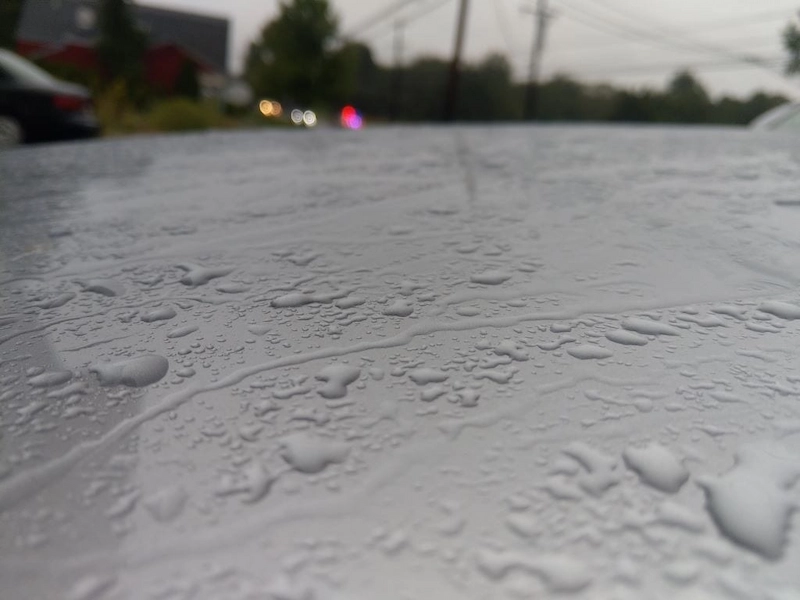 Unprotected automotive paint with uneven water pooling, showing lack of wax or ceramic protection.