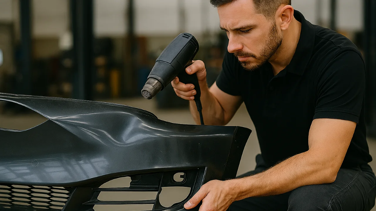 Technician heating and inspecting a removed plastic bumper to reshape a dent without using tools