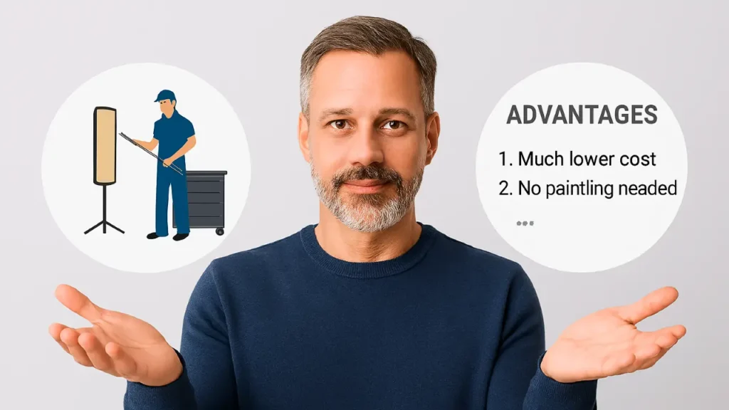 Middle-aged man holding two concepts: a PDR technician in one hand and a list of PDR advantages in the other.
