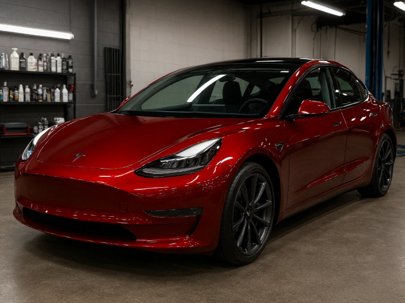 Freshly ceramic-coated red Tesla in Warminster PA with extreme gloss and deep color enhancement