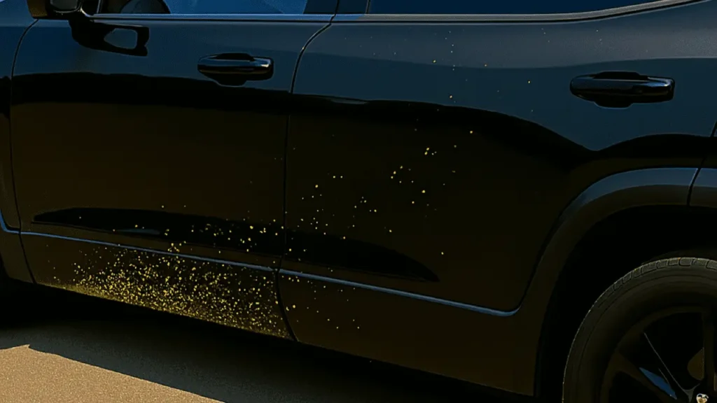 Yellow road paint splatter on black 2024 GMC Acadia — how to remove road paint from car paint and safely remove road paint from car.