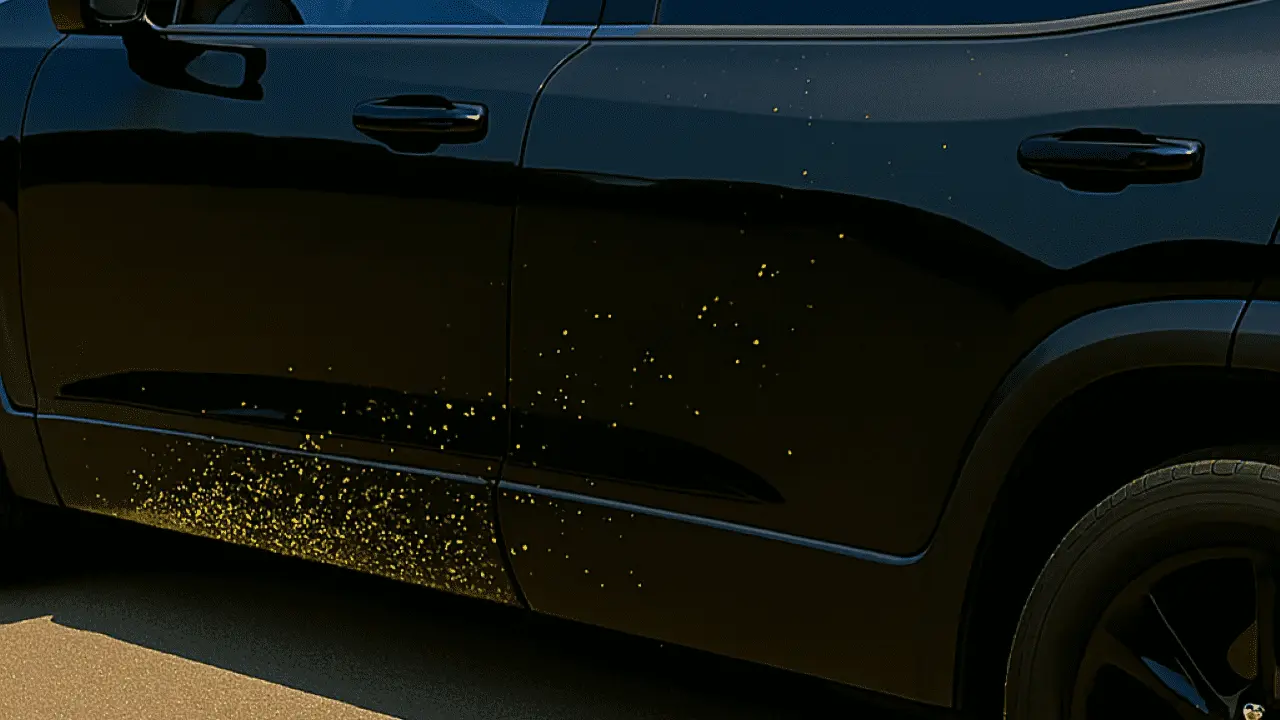Yellow road paint splatter on black 2024 GMC Acadia — how to remove road paint from car paint and safely remove road paint from car.