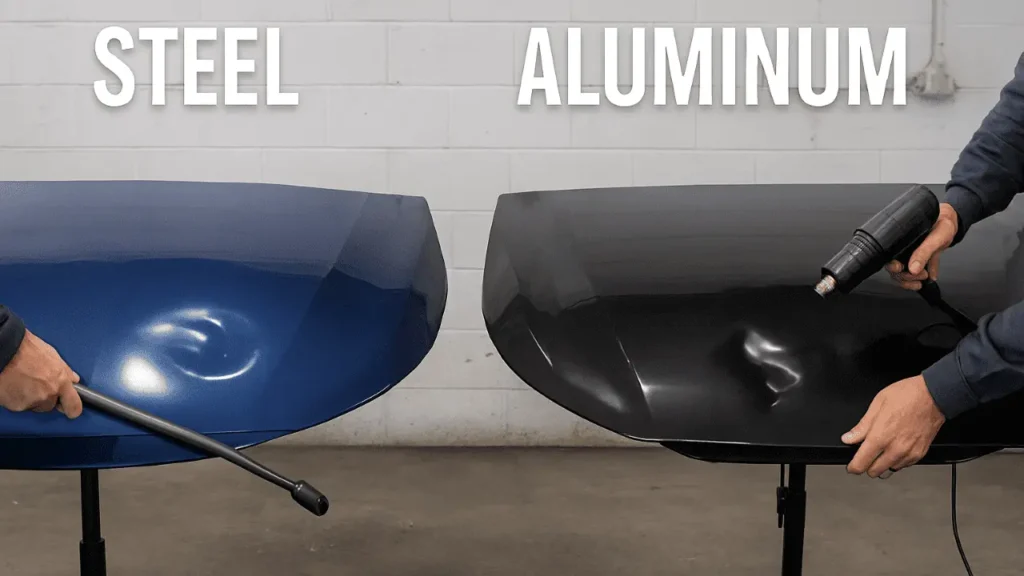 Side-by-side comparison of steel and aluminum hoods for aluminum vs steel dent repair, highlighting challenges of aluminum dent removal.