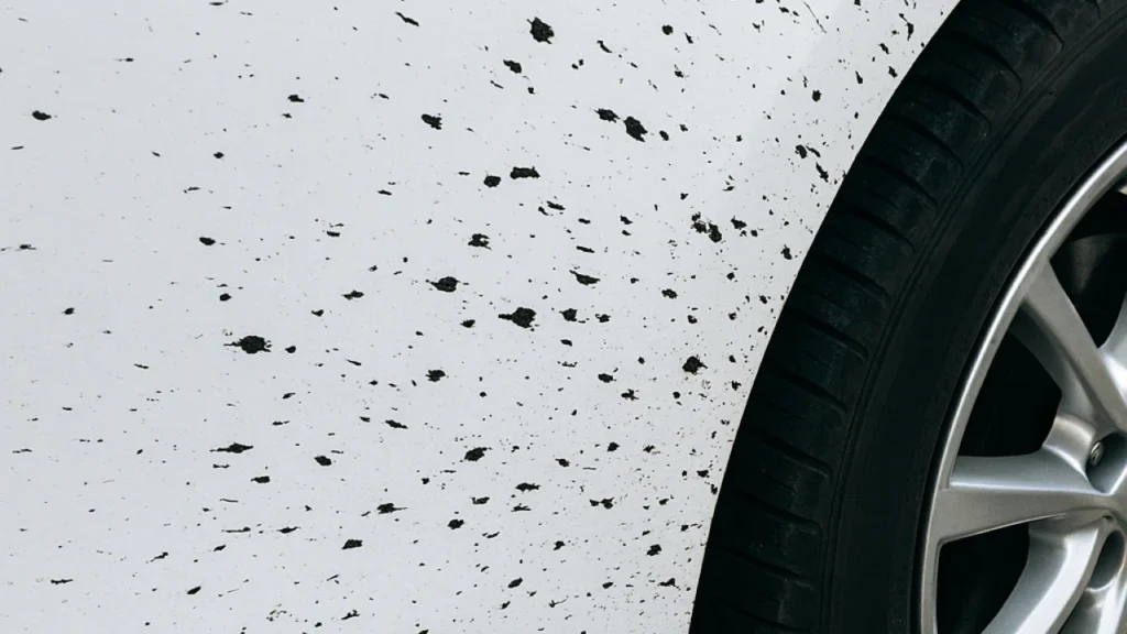 Tar splatter on car panel showing how to remove tar from car and remove road tar from car safely