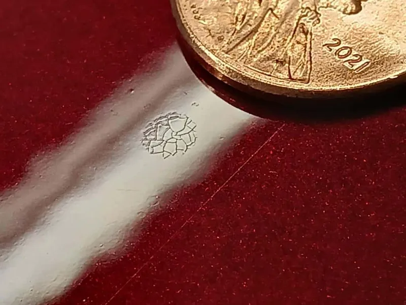 Tree sap stain left behind after removal, showing paint crazing and surface distortion