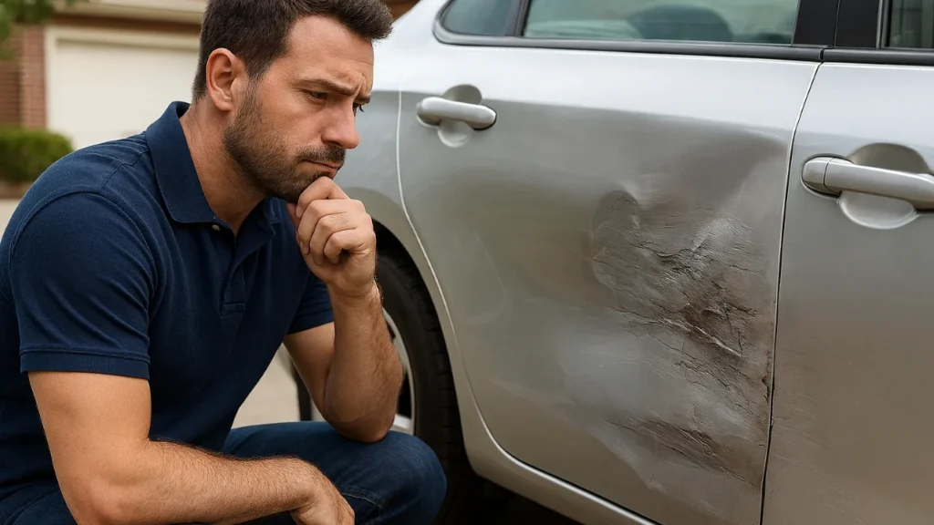Technician inspecting a deep, scratched dent in a driveway — showing when paintless dent repair doesn’t work due to frequent PDR misunderstandings