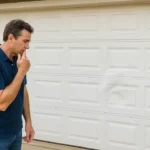 Homeowner inspecting dented garage door, wondering if PDR can fix it
