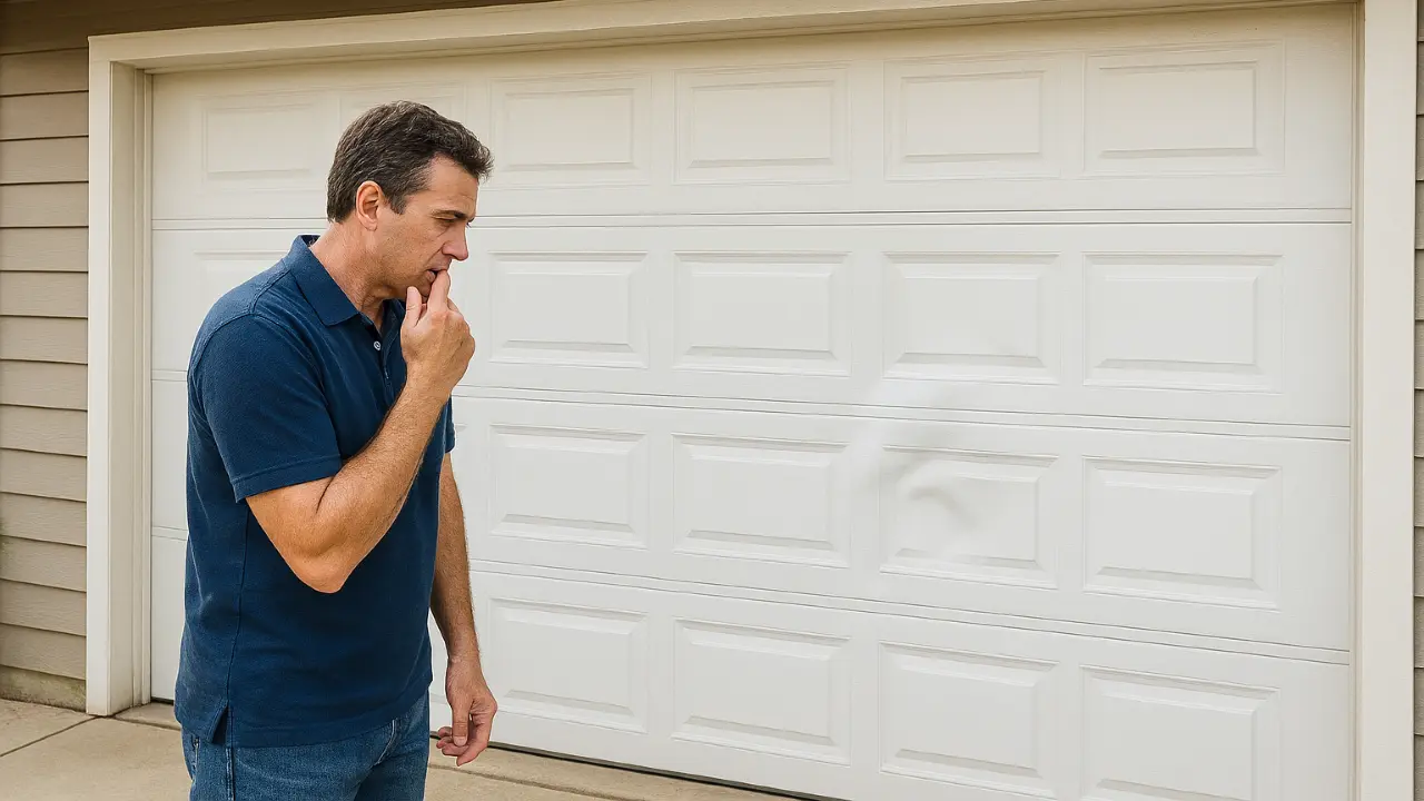 Homeowner inspecting dented garage door, wondering if PDR can fix it