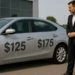 Side view of a silver sedan with pricing overlays on dented panels, parked at a dealership while a manager evaluates the damage.