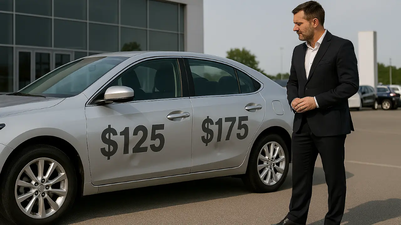 Side view of a silver sedan with pricing overlays on dented panels, parked at a dealership while a manager evaluates the damage.