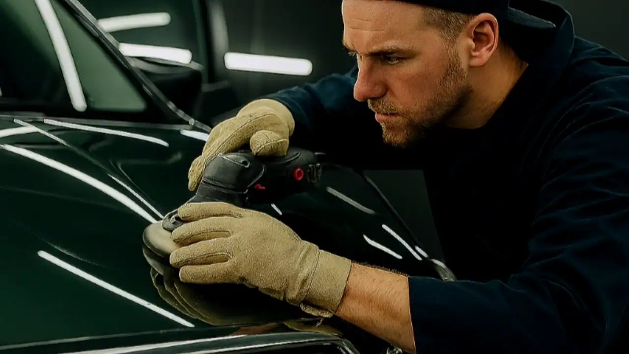 Auto detailing technician cleaning and restoring a vehicle interior.
