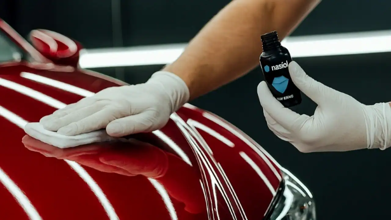 Technician applying a ceramic coating to a vehicle surface.