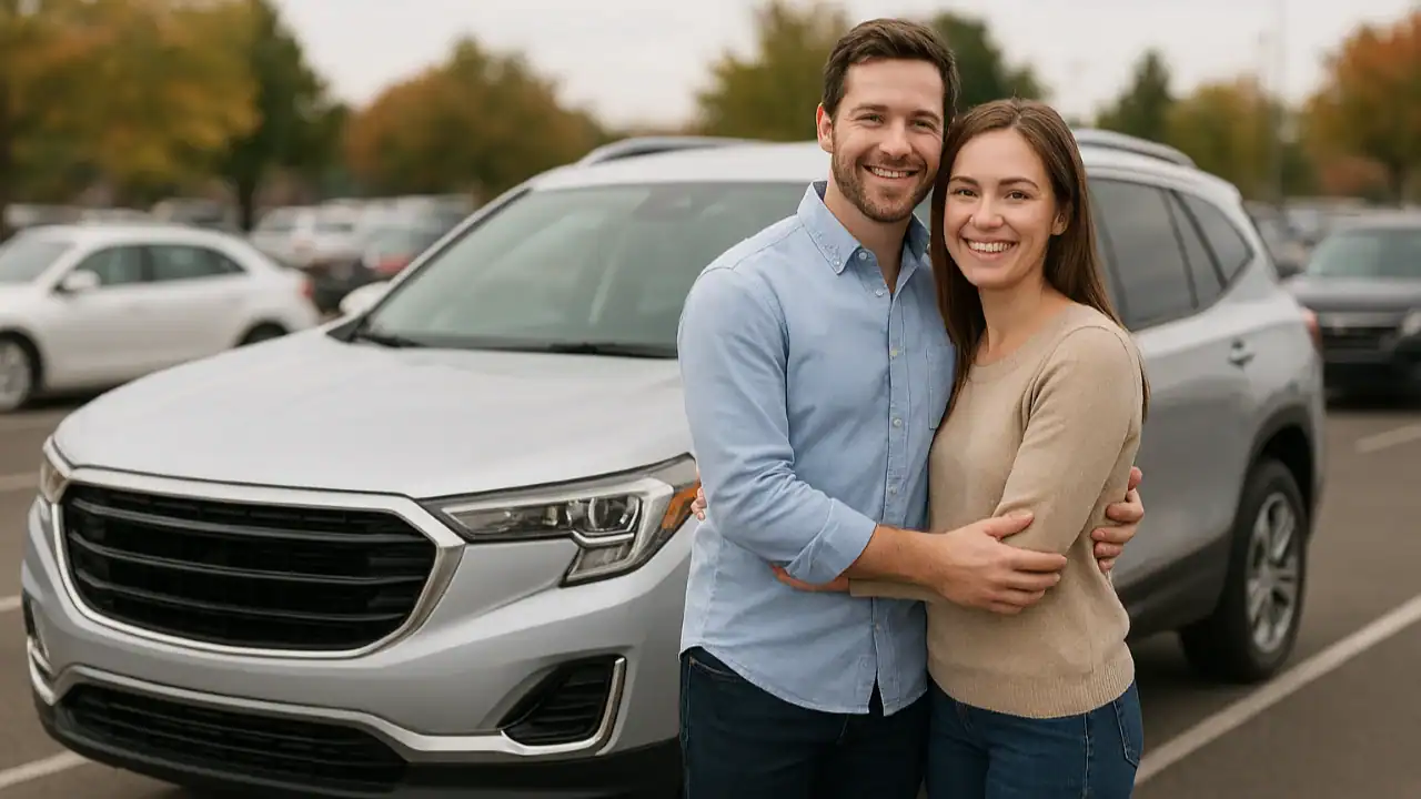 Couple standing beside their vehicle after paintless dent repair.
