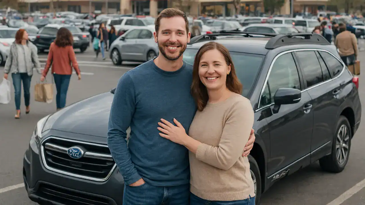 Smiling couple standing beside their freshly restored vehicle in a Doylestown parking area.