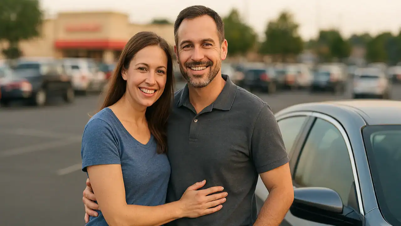 Happy couple standing beside their car in a Hatboro parking lot.