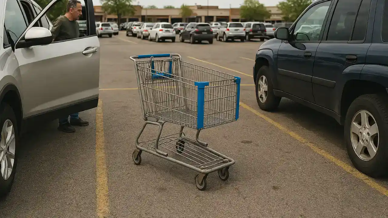 Driver’s door open near a shopping cart in Hatboro, Pennsylvania.
