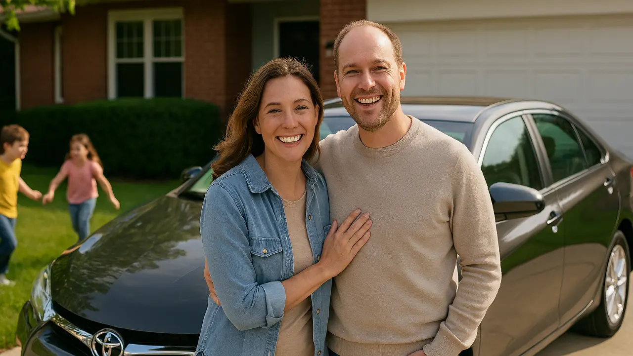 Happy family standing beside their vehicle in a Horsham PA 19044 driveway.
