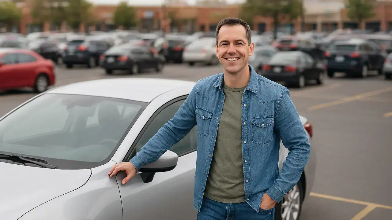 Happy customer standing beside a dent‑free vehicle in a Warminster PA parking lot after a mobile repair.